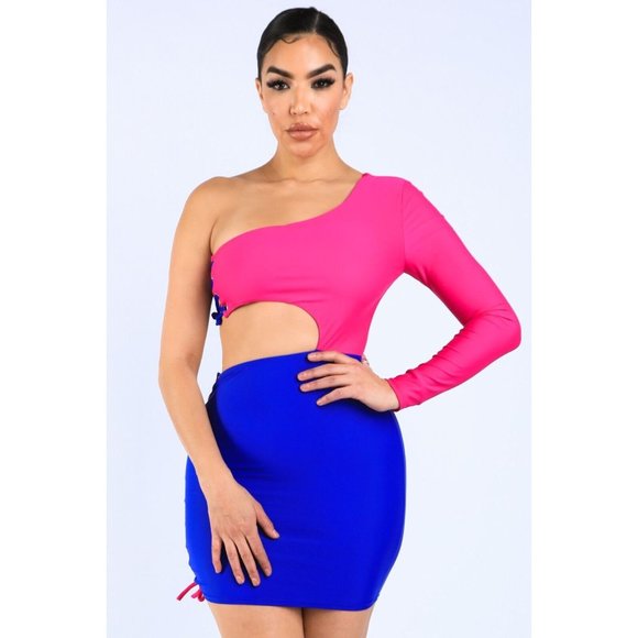 Women's Cut Out Side Lace up Detailed One Shoulder Mini Dress Party Dress - Picture 8 of 12